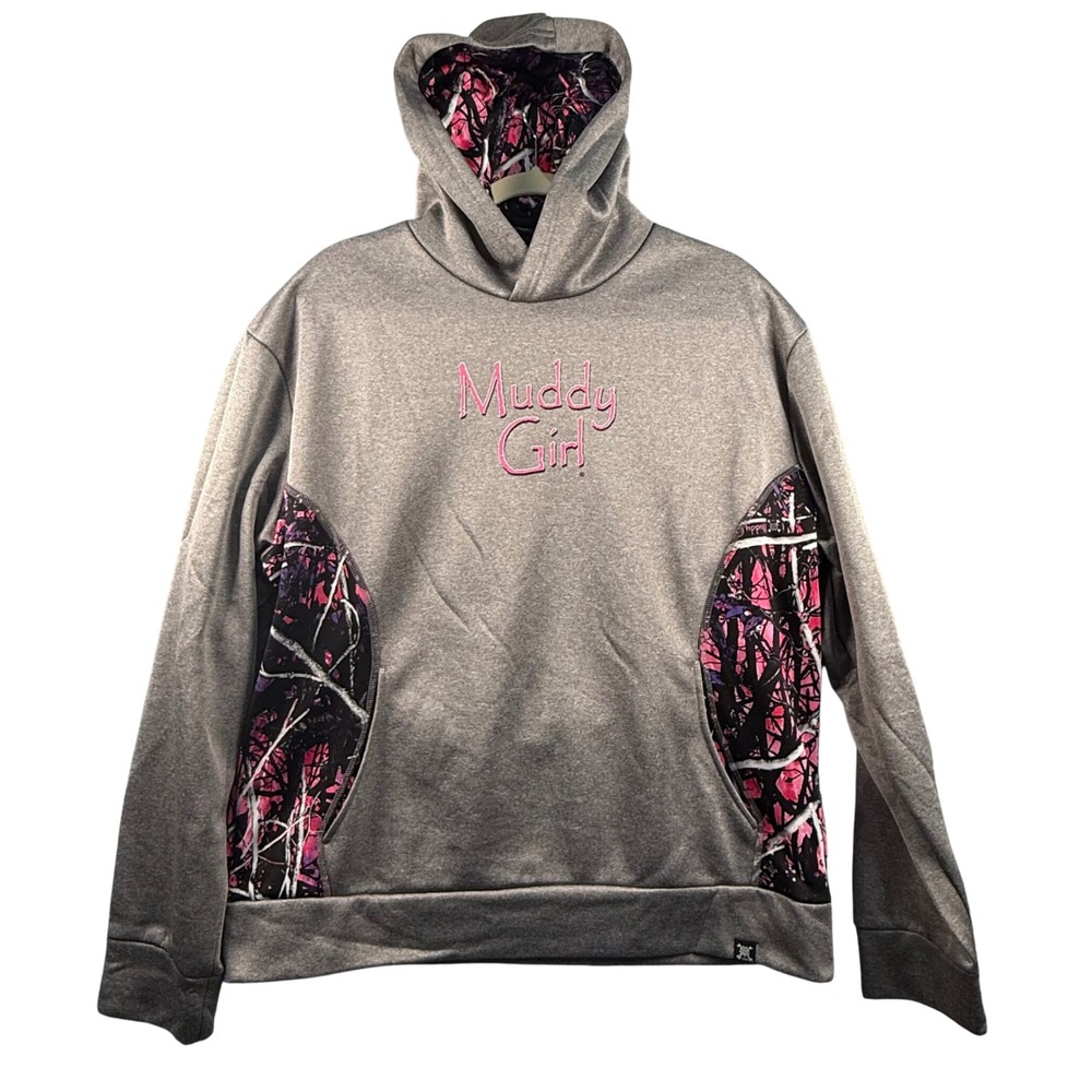 Muddy Girl Womens XL Hoodie Gray Pink Camouflage Fleece Pullover Country Girl